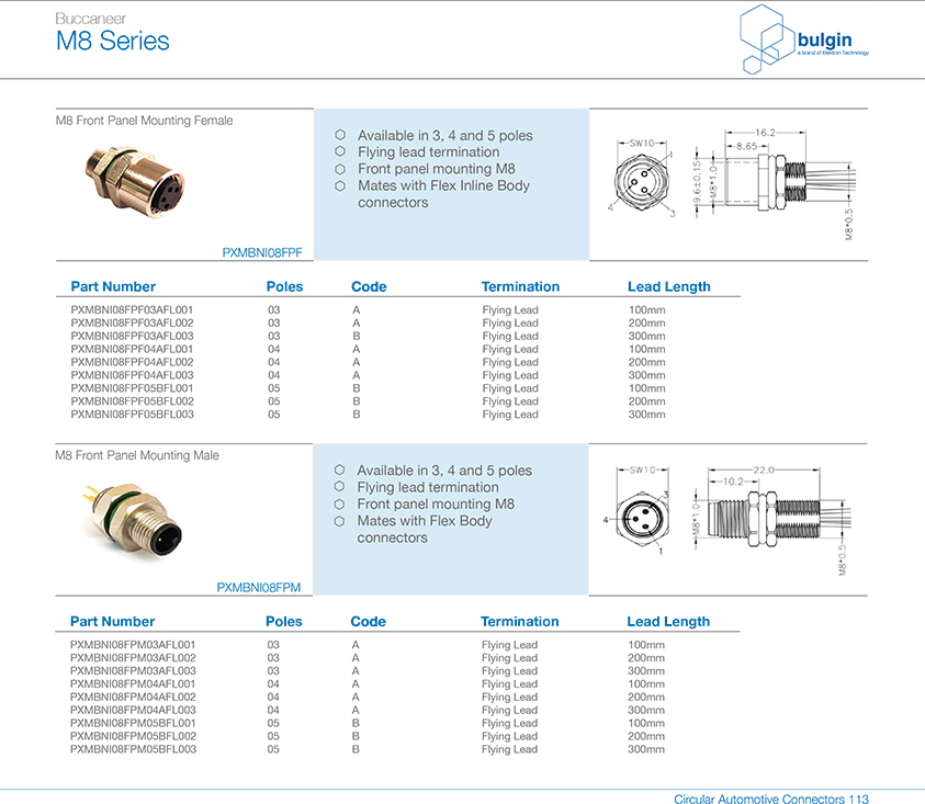 M8 P型母頭前鎖面板焊線式圓形連接器選型 M8 P型母頭前鎖面板焊線式圓形連接器選型