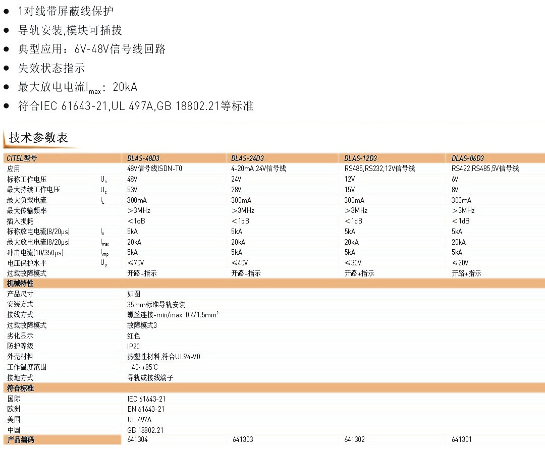 DLC超薄系列信號防雷器技術參數